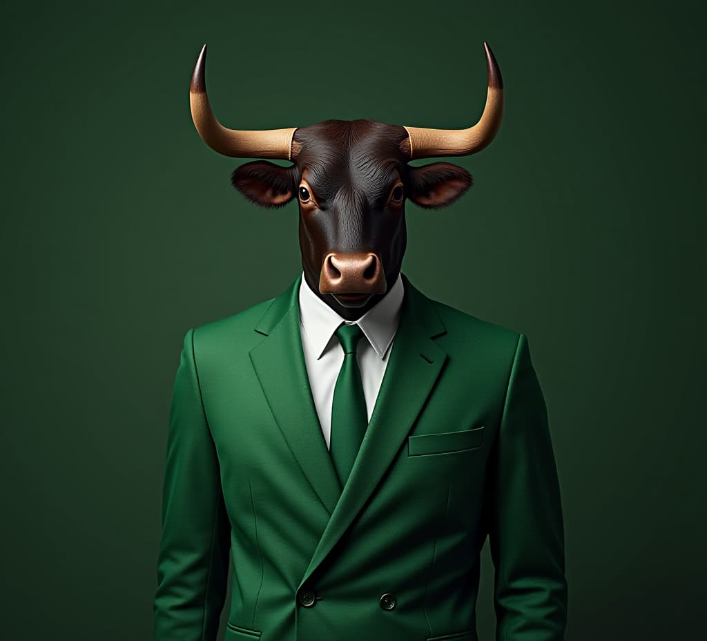  bussiness man like bull dressed in an elegant green suit. market finance concept