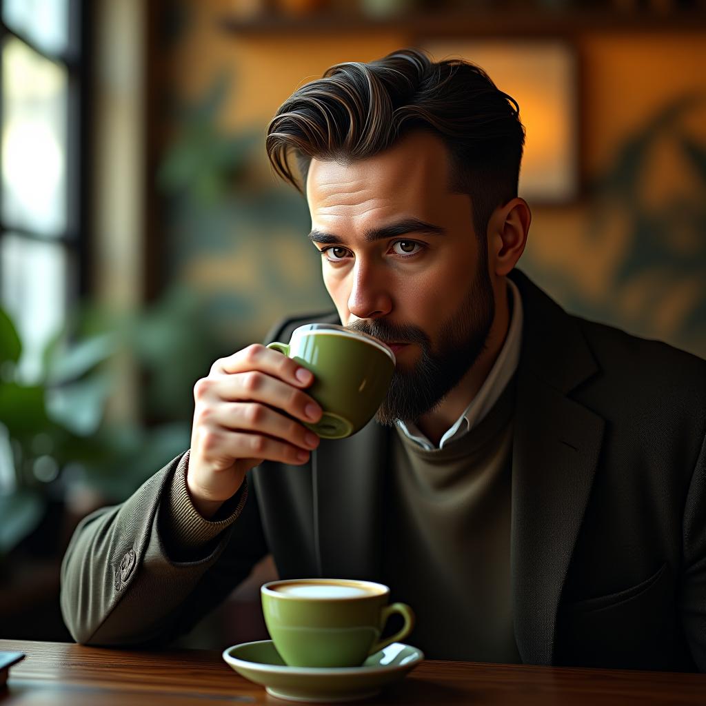  man drinking a matcha at a cafe, masterpiece, best quality