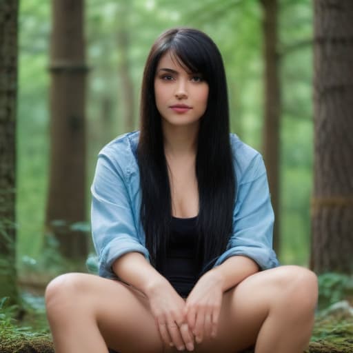 A of , straight black hair, of Ukrainian origin.. sitting with her open in a forest