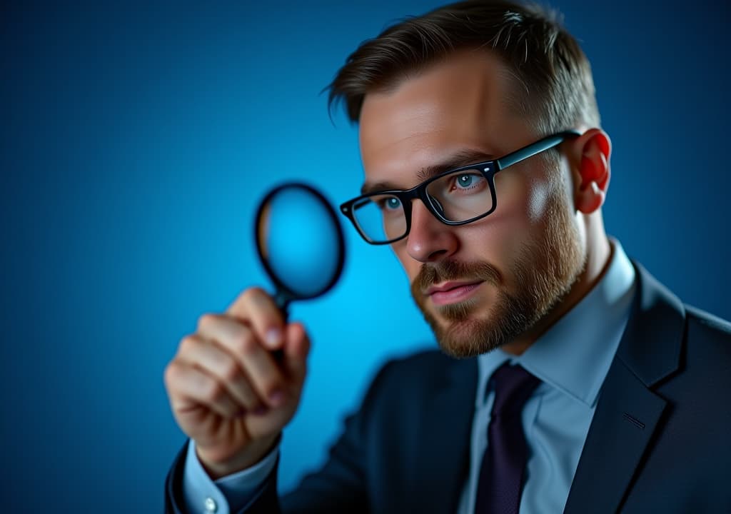  businessman analyzing 2025 trends with magnifying glass on blue background