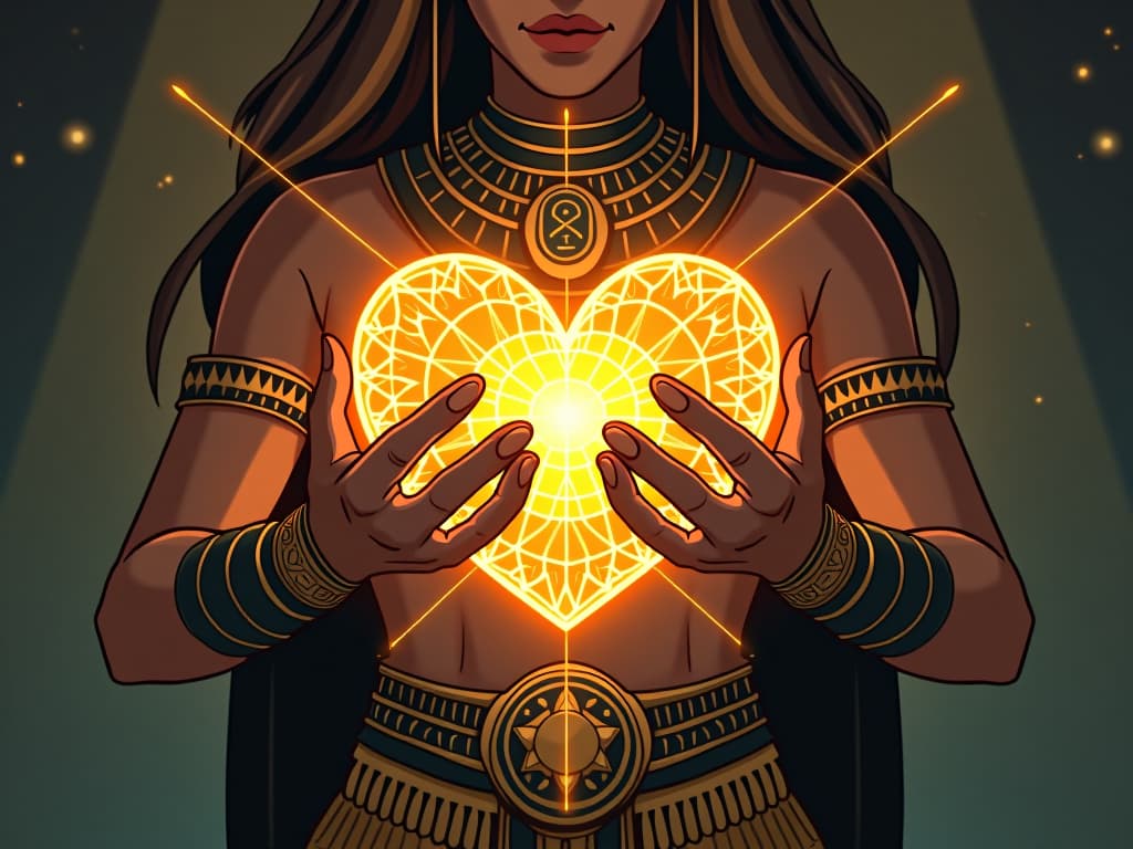  a radiating symbol of interconnectedness, golden threads weaving through a heart shaped amulet, glowing, guiding light. the style is digital art illustration / modern comic book / mysterious occult, symbolic, esoteric vibe,high detail on character design, incorporating ancient egyptian symbology and attire.