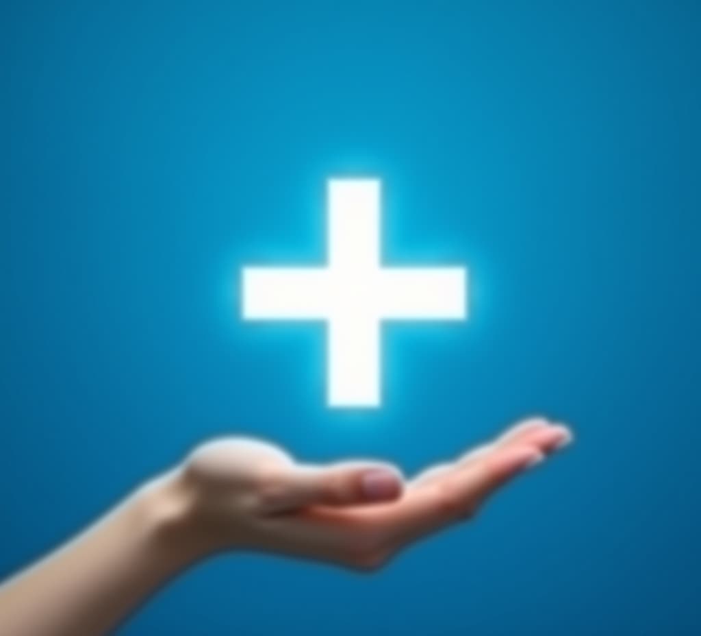  hand holding plus icon on blue background. plus sign virtual means to offer positive thing like benefits, personal development, social network