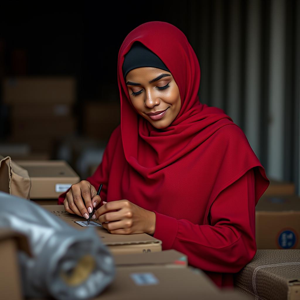  a muslim woman in red works in cargo.