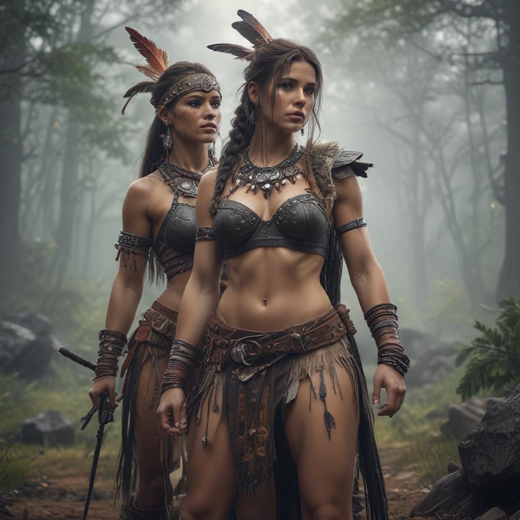 ((masterpiece)),(((best quality))), 8k, high detailed, ultra detailed, sexy tribe couple, (warrior male), (seductive female), tribal accessories, (natural background) hyperrealistic, full body, detailed clothing, highly detailed, cinematic lighting, stunningly beautiful, intricate, sharp focus, f/1. 8, 85mm, (centered image composition), (professionally color graded), ((bright soft diffused light)), volumetric fog, trending on instagram, trending on tumblr, HDR 4K, 8K