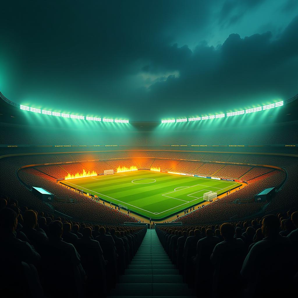  "create an image of a football stadium with a pit in the background. incorporate fiery details around the pit with green, blue, and golden colors. use these colors to highlight and enhance key elements of the scene. the stadium should be vibrant and energetic, with dramatic lighting that emphasizes the intensity of the fire and the pit." hyperrealistic, full body, detailed clothing, highly detailed, cinematic lighting, stunningly beautiful, intricate, sharp focus, f/1. 8, 85mm, (centered image composition), (professionally color graded), ((bright soft diffused light)), volumetric fog, trending on instagram, trending on tumblr, HDR 4K, 8K