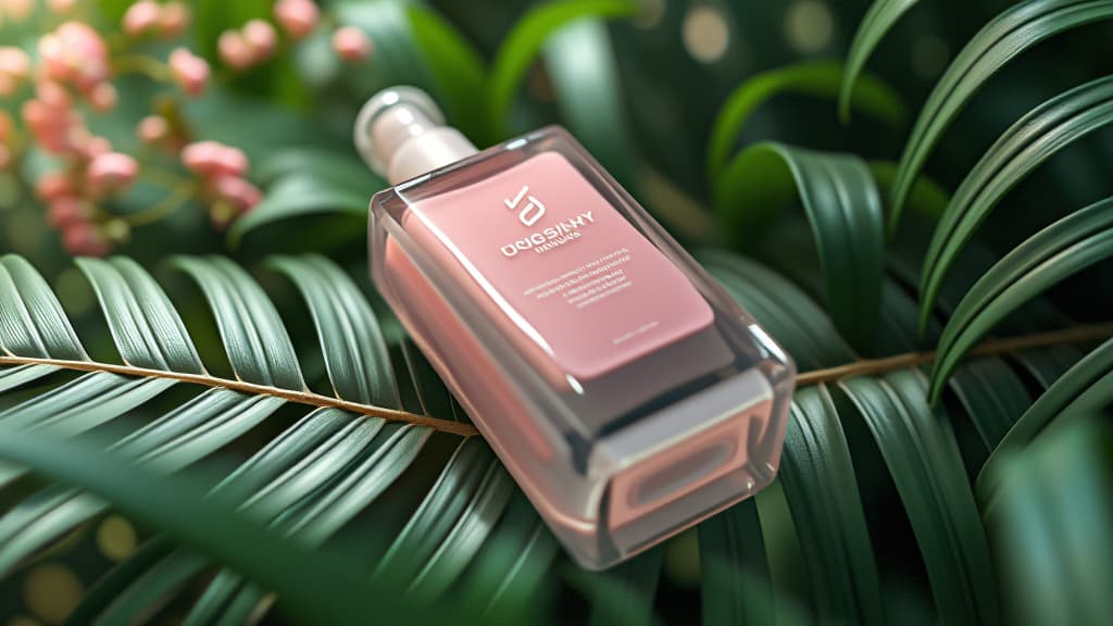  pink beauty product mockup on tropical leaves background., high quality, high details, hd, perfect composition, 4k epic detailed, highly detailed, sharp focus, high resolution