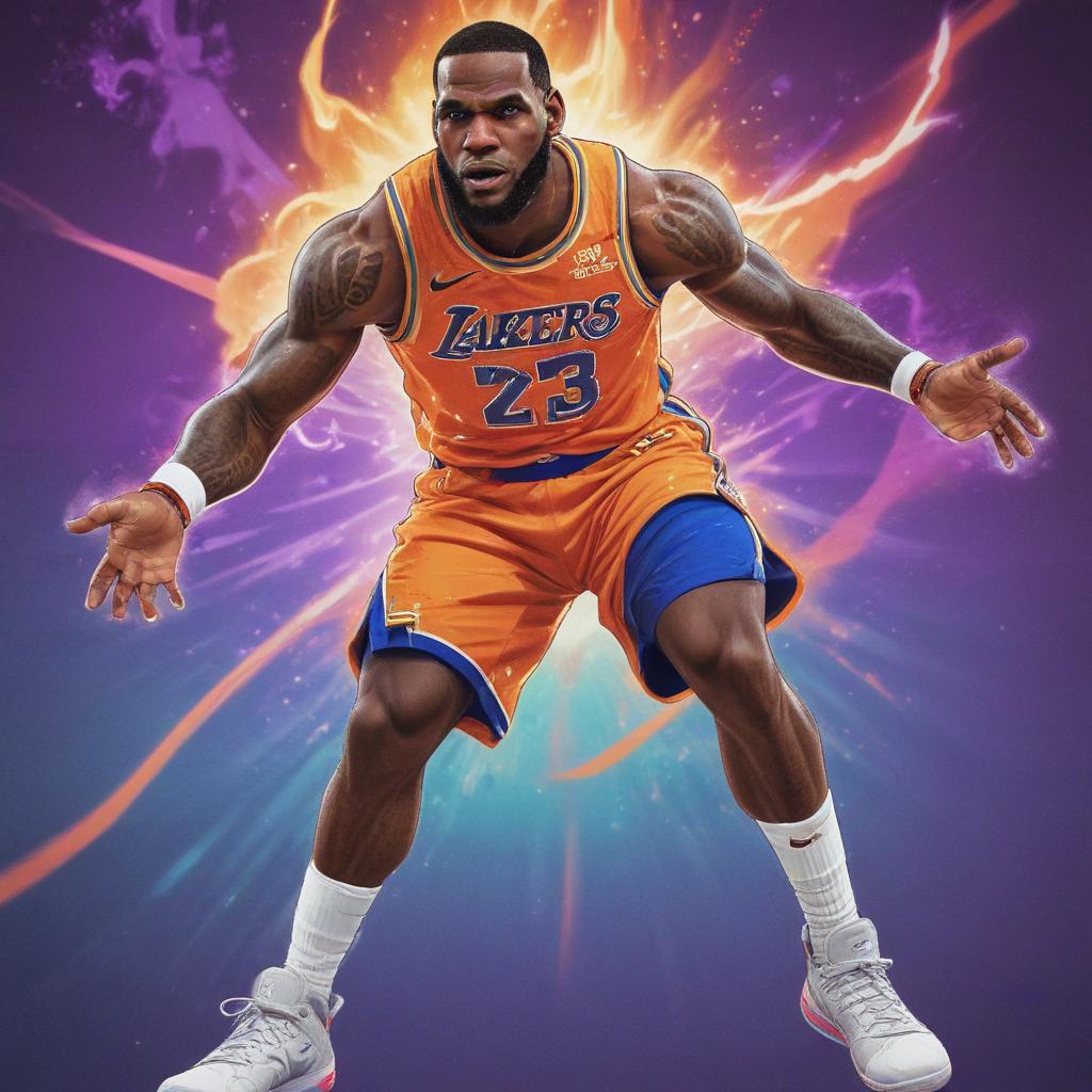 distance-shot, flashy, full-body, dynamic, holographic, animated cartoon poster of lebron james in the style of dragon ball super