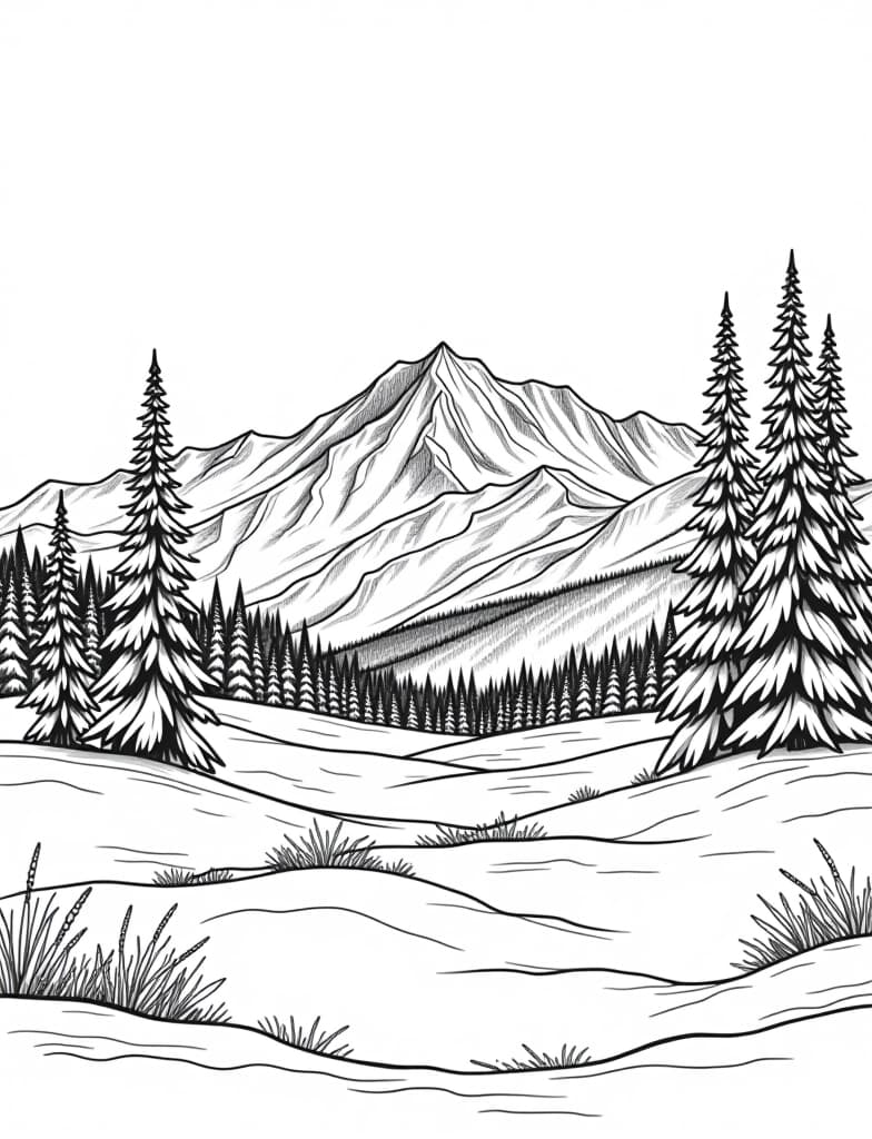  this is for an adult coloring page. a detailed black and white line art of a snowy snowy landscape with a distant view of a mountain range on a solid white background.