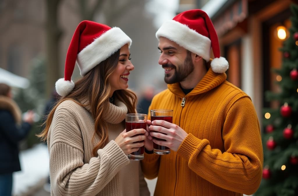  a young couple, a woman in beige and a man in mustard colored warm sweaters, jeans and santa claus hats, are drinking hot mulled wine {prompt}, maximum details