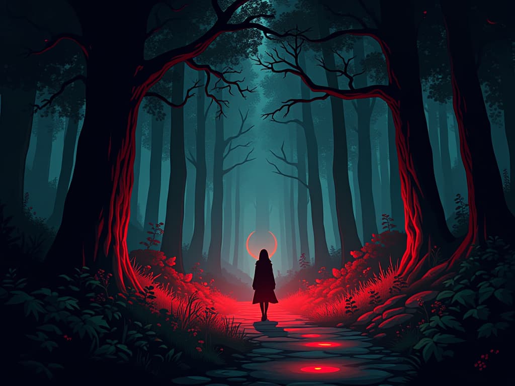  magical forest scene, sparkling lights leading the way, subtle affirmations. the style is digital art illustration / modern comic book / graphic dark novel fantasy and mysterious occult, symbolic, moody lighting, esoteric vibe,high detail on character design. for the color scheme emphasize blacks and reds.