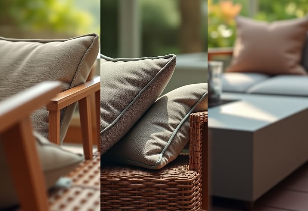  a landscape photo of a close up montage of different patio furniture textures, including smooth teak, woven wicker, and sleek aluminum, with soft natural lighting hyperrealistic, full body, detailed clothing, highly detailed, cinematic lighting, stunningly beautiful, intricate, sharp focus, f/1. 8, 85mm, (centered image composition), (professionally color graded), ((bright soft diffused light)), volumetric fog, trending on instagram, trending on tumblr, HDR 4K, 8K