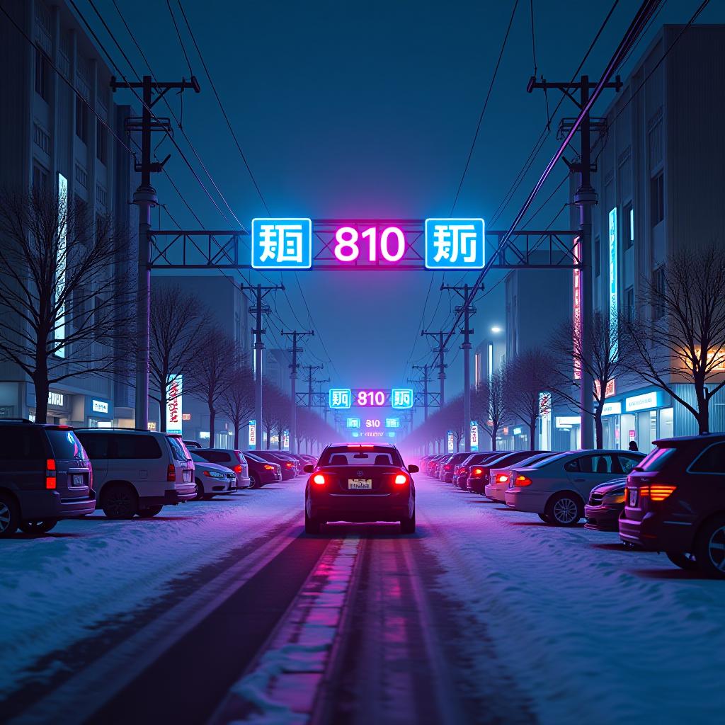  8k wallpaper, masterpiece, phonk, tokyo city, winter, night, motion, parking area, morern cars, lights, black blue colors, purple colors, neon sign "810", metro, cyberpunk, snowy weather, futuristic, cyberpunk, synthwave, best quality hyperrealistic, full body, detailed clothing, highly detailed, cinematic lighting, stunningly beautiful, intricate, sharp focus, f/1. 8, 85mm, (centered image composition), (professionally color graded), ((bright soft diffused light)), volumetric fog, trending on instagram, trending on tumblr, HDR 4K, 8K