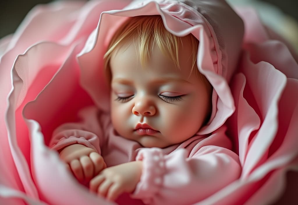  hyperrealistic art a newly born blond girl with long eyelashes and a bonnet on her head, a pink dress sleeps inside the rose. . extremely high resolution details, photographic, realism pushed to extreme, fine texture, incredibly lifelike hyperrealistic, full body, detailed clothing, highly detailed, cinematic lighting, stunningly beautiful, intricate, sharp focus, f/1. 8, 85mm, (centered image composition), (professionally color graded), ((bright soft diffused light)), volumetric fog, trending on instagram, trending on tumblr, HDR 4K, 8K