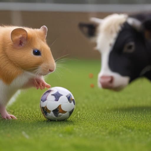 A soccergame between a team of hamsters and a team of cows