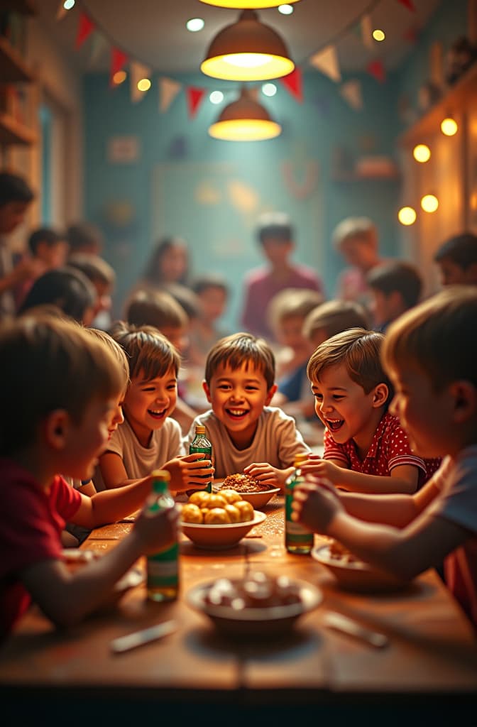  children's party room full of boys and girls smiling, playing and having a good time, realistic, portrait, art by donato giancola and greg rutkowski, realistic face, digital art, trending on artstation hyperrealistic, full body, detailed clothing, highly detailed, cinematic lighting, stunningly beautiful, intricate, sharp focus, f/1. 8, 85mm, (centered image composition), (professionally color graded), ((bright soft diffused light)), volumetric fog, trending on instagram, trending on tumblr, HDR 4K, 8K