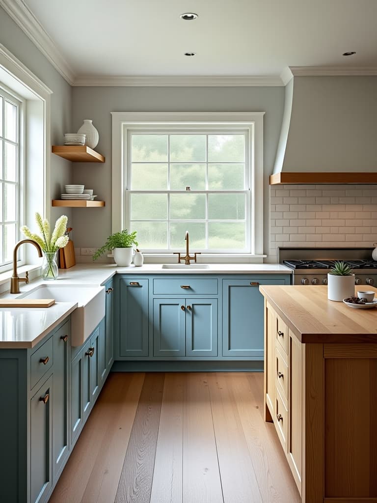  high quality portrait photo of a bright and airy farmhouse style kitchen with open shelving, a large farmhouse sink, shaker cabinets in soft blue, and a reclaimed wood island, captured in natural light hyperrealistic, full body, detailed clothing, highly detailed, cinematic lighting, stunningly beautiful, intricate, sharp focus, f/1. 8, 85mm, (centered image composition), (professionally color graded), ((bright soft diffused light)), volumetric fog, trending on instagram, trending on tumblr, HDR 4K, 8K