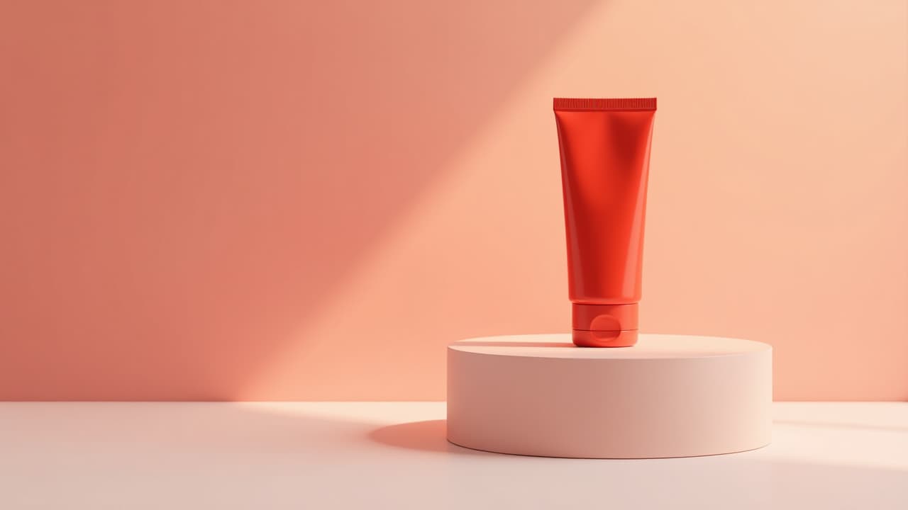  a round podium holding a red tube of sunscreen, high quality, high details, hd, perfect composition, 4k epic detailed, highly detailed, sharp focus, high resolution