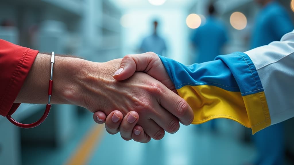  prompt: create an ultra realistic and detailed image showcasing the closer cooperation between germany and ukraine in the healthcare sector. the scene should depict a symbolic representation of the joint declaration, emphasizing themes of collaboration, support, and solidarity. include elements such as the flags of germany and ukraine intertwined, medical symbols like a stethoscope and a caduceus, and visual representations of healthcare services like hospitals and medical equipment. ensure the