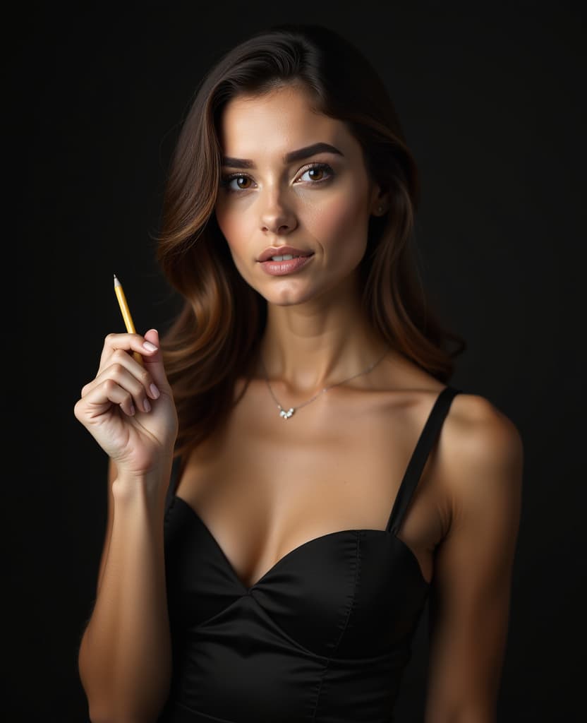  hdr photo of beautiful woman, model, makeup, waist high, in a dress, holding a small pencil, on a dark background . high dynamic range, vivid, rich details, clear shadows and highlights, realistic, intense, enhanced contrast, highly detailed