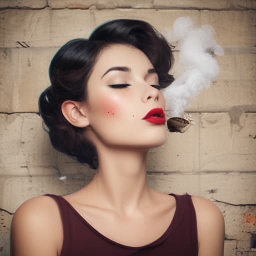 Red lips smoking cigarette in Cartoon style with Old Wall background