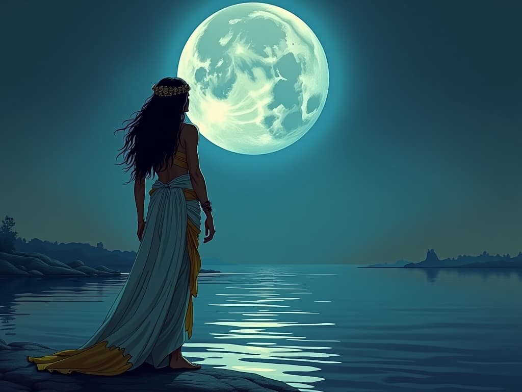  nile river reflecting the full moon, with large busted priestess performing a ritual on the shore, symbolizing the alignment of actions with aspirations, moonlight guiding the path. the style is digital art illustration / modern comic book / mysterious occult, symbolic, esoteric vibe,high detail on character design, incorporating ancient egyptian symbology and attire.