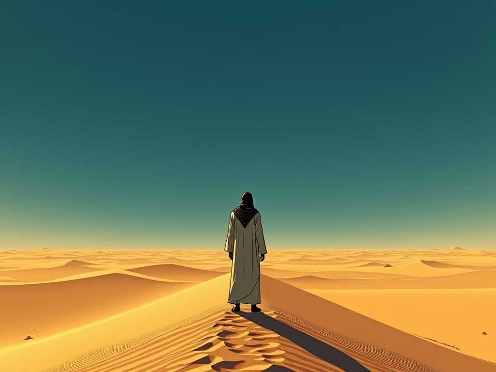  a lone figure standing on the edge of a vast desert, dressed in ancient egyptian linen robes, looking out into the horizon, the golden sand stretching infinitely, under a deep blue sky, symbolizing isolation. the style is digital art illustration / modern comic book / mysterious occult, symbolic, esoteric vibe,high detail on character design, incorporating ancient egyptian symbology and attire.