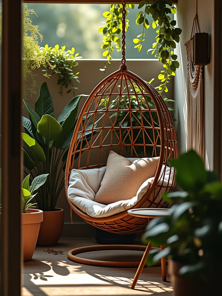  high quality portrait photo of a cozy patio corner featuring a hanging egg chair, plush cushions, and a small side table, surrounded by potted plants and a macramé wall hanging hyperrealistic, full body, detailed clothing, highly detailed, cinematic lighting, stunningly beautiful, intricate, sharp focus, f/1. 8, 85mm, (centered image composition), (professionally color graded), ((bright soft diffused light)), volumetric fog, trending on instagram, trending on tumblr, HDR 4K, 8K