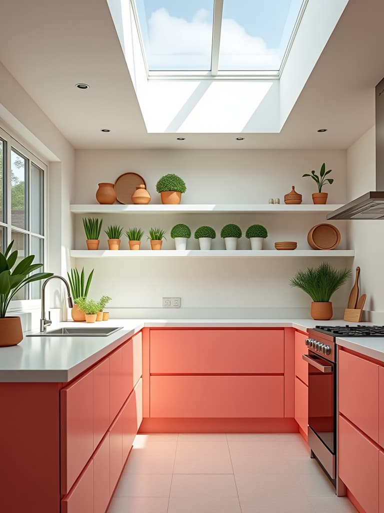  high quality portrait photo of a bright and airy kitchen with coral pink lower cabinets, open white shelving, potted herbs, and a large skylight, viewed from the side hyperrealistic, full body, detailed clothing, highly detailed, cinematic lighting, stunningly beautiful, intricate, sharp focus, f/1. 8, 85mm, (centered image composition), (professionally color graded), ((bright soft diffused light)), volumetric fog, trending on instagram, trending on tumblr, HDR 4K, 8K