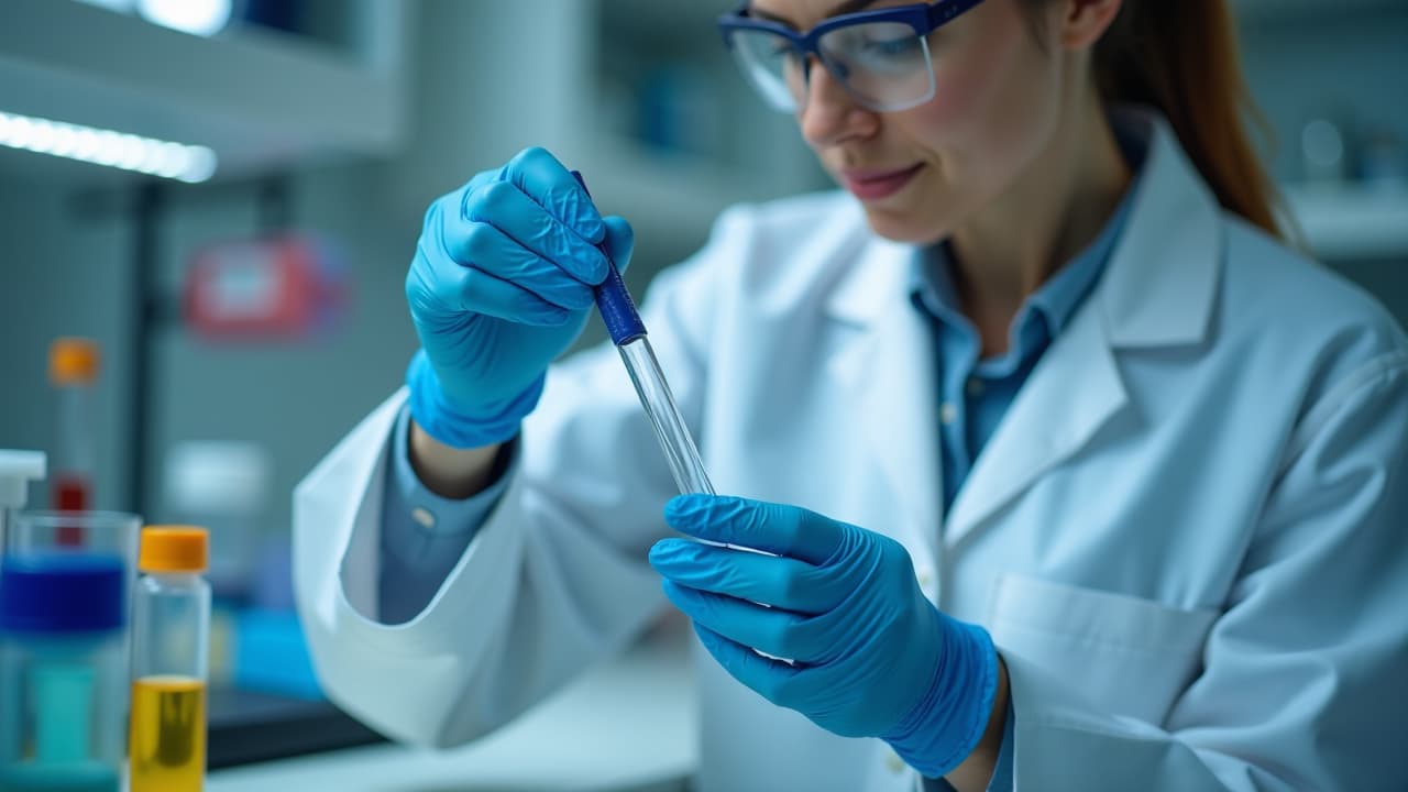  scientific research in medicine depicted by a doctor holding test tubes in a laboratory, high quality, high details, hd, perfect composition, 4k epic detailed, highly detailed, sharp focus, high resolution