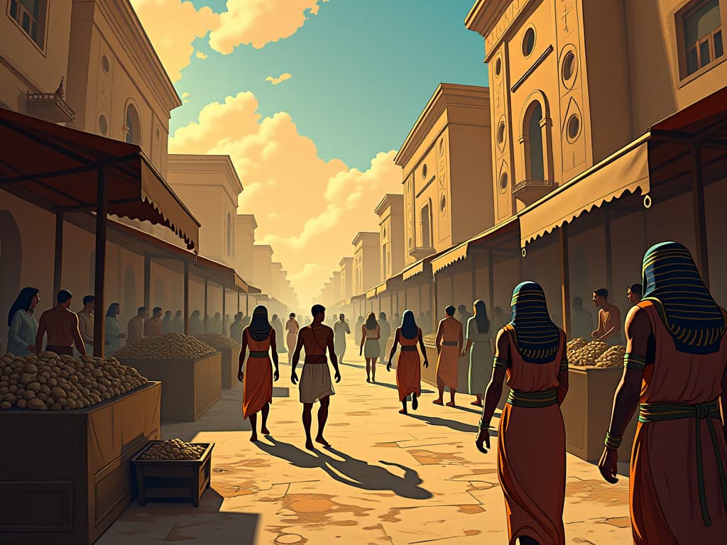  ancient egyptian market scene in turmoil, stalls overturned, people scrambling, representing recent upheavals. the style is digital art illustration / modern comic book / mysterious occult, symbolic, esoteric vibe,high detail on character design, incorporating ancient egyptian symbology and attire.