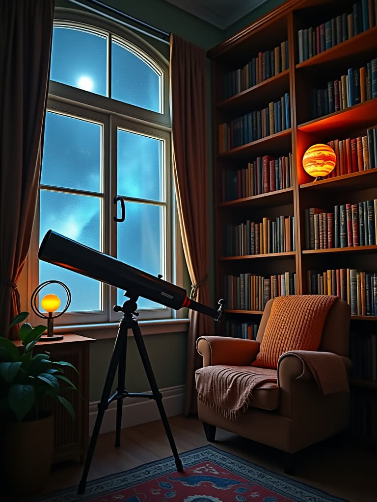  high quality portrait photo of a cozy reading nook with a telescope by the window, surrounded by bookshelves filled with astronomy books and glowing planet models hyperrealistic, full body, detailed clothing, highly detailed, cinematic lighting, stunningly beautiful, intricate, sharp focus, f/1. 8, 85mm, (centered image composition), (professionally color graded), ((bright soft diffused light)), volumetric fog, trending on instagram, trending on tumblr, HDR 4K, 8K