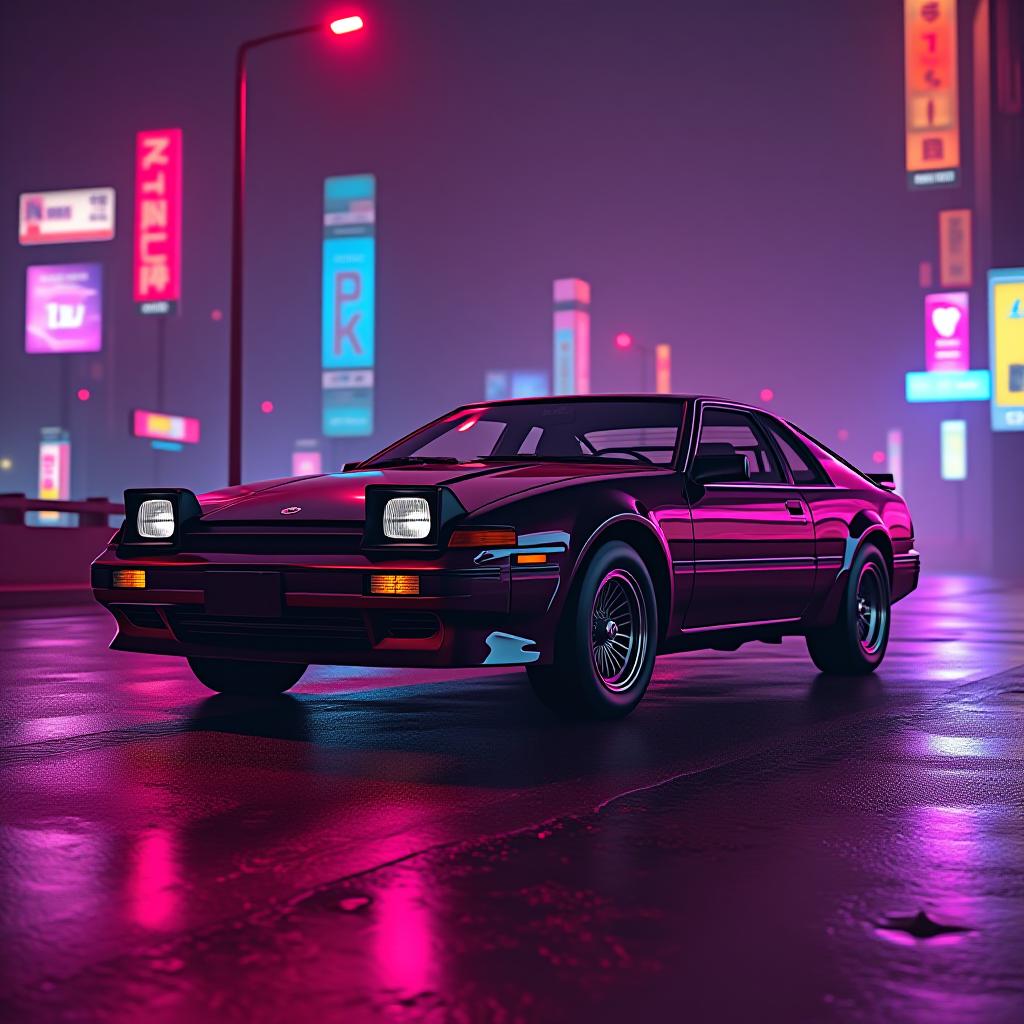  cyberpunk style 1985 toyota celica gts coupe reimagined for 2025. cyberpunk, vaporwave, neon, vibes, vibrant, stunningly beautiful, crisp, detailed, sleek, ultramodern, magenta highlights, dark purple shadows, high contrast, cinematic, ultra detailed, intricate, professional