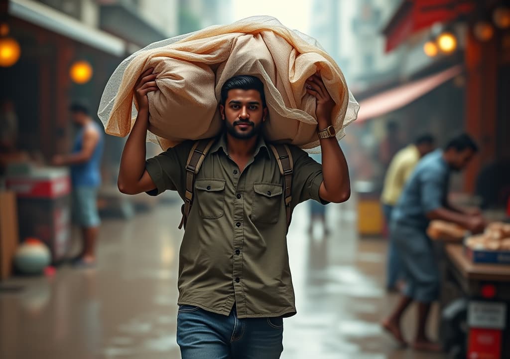  man carrying heavy load in market