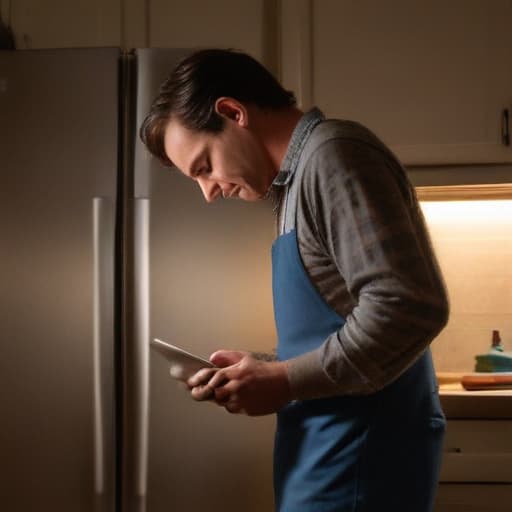 A photo of a skilled repair technician meticulously diagnosing a vintage refrigerator in a dimly lit kitchen during the early evening with warm, soft ambient lighting casting a soft glow on the worn-out appliance's chrome details.