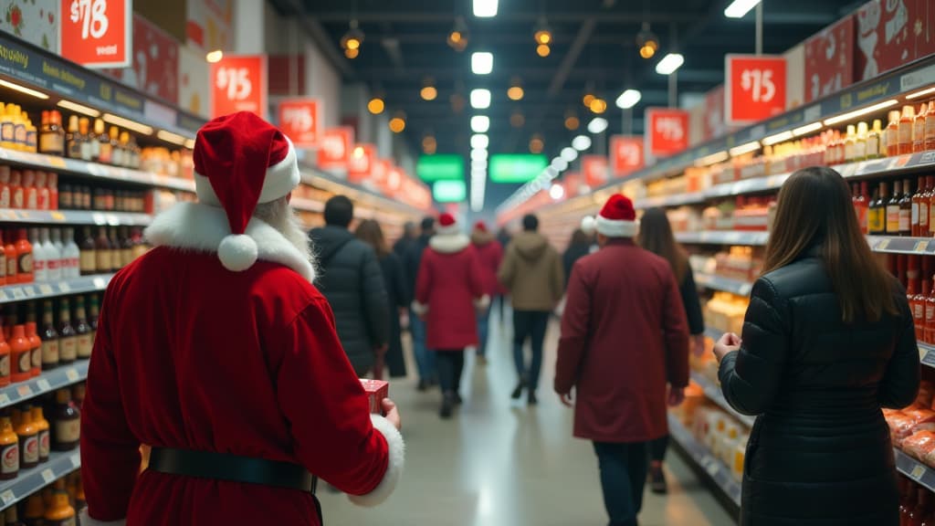  epic realistic, hyperdetailed, (cycles render:1.3), caustics, (glossy:0.58), (artstation:0.82),in the supermarket there are many people rushing to make new year's gifts on discounts, people are surprised in santa hats with gifts in their hands