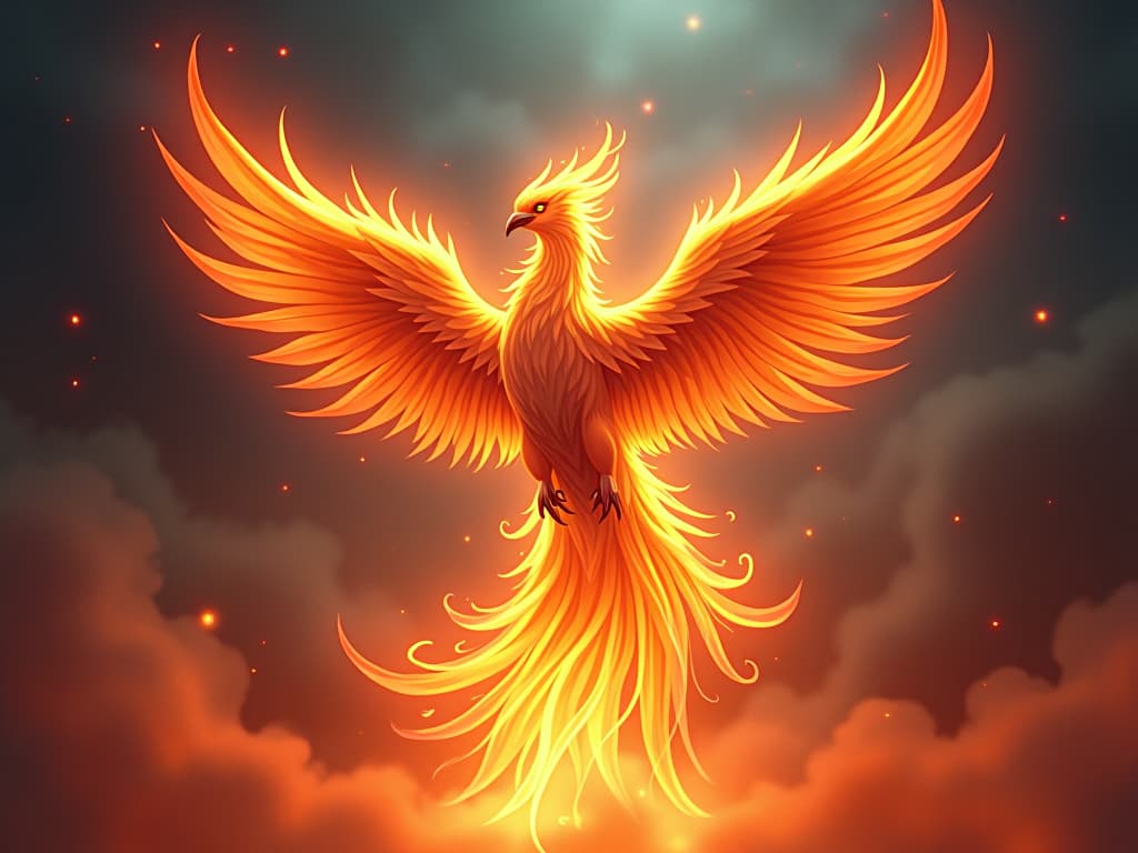  a majestic phoenix enveloped in ethereal flames, rising from a radiant fire, symbolizing resilience and transformation, surrounded by glowing stars, fervent and transformative.. the style is digital art illustration,highly detailed, whimsical,magical, dreamlike atmosphere, realism and fantasy blend, smooth, glossy textures,luminous quality, wonder and enchantment.