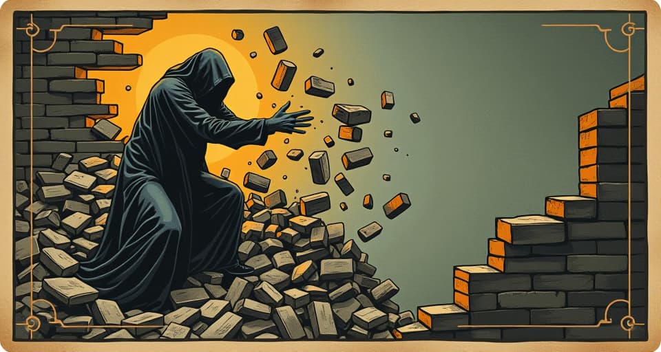  figure dismantling a wall with bare hands, bricks tumbling down, figure resolute and unstoppable, sense of disruption and liberation. an illustration in the style of a worn, mystical old tarot trump card, mysterious and elements of surrealism. the colors are muted, somber and eerie, but with contrast bring out an occult and esoteric vibe.