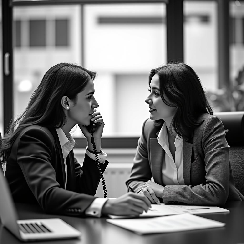  two people of different genders are successfully engaged in negotiations, speaking on the phone in an office. they are looking at each other, the image is black and white, but the energy between them is colorful, and they are gazing at each other.