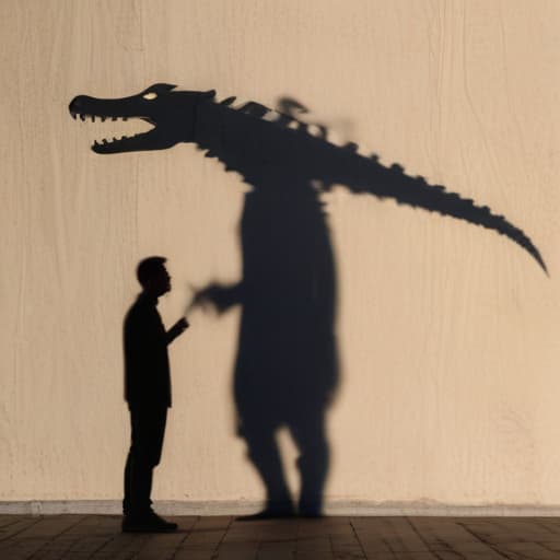 A man looks at a shadow in the form of a crocodile on the wall