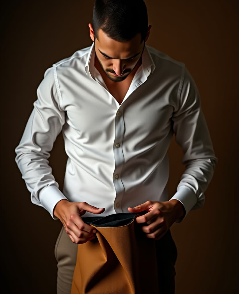  hdr photo of man, wearing a white shirt around his waist, dark brown background, model, putting into a bag . high dynamic range, vivid, rich details, clear shadows and highlights, realistic, intense, enhanced contrast, highly detailed