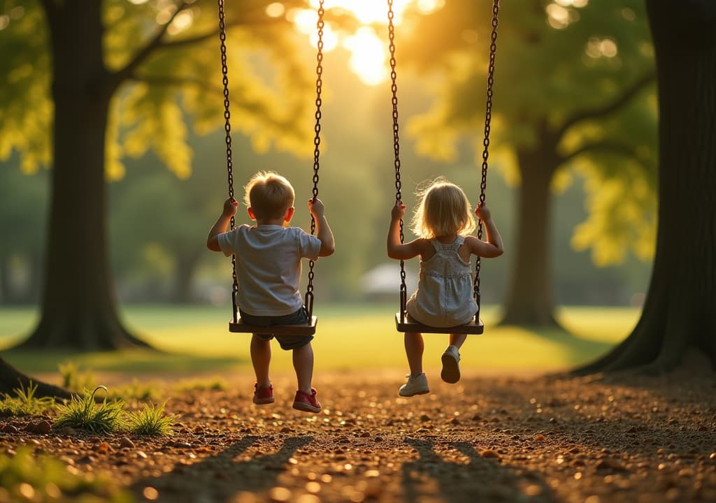  swings in the park, high quality, high details, hd, perfect composition, 4k epic detailed, highly detailed, sharp focus, high resolution