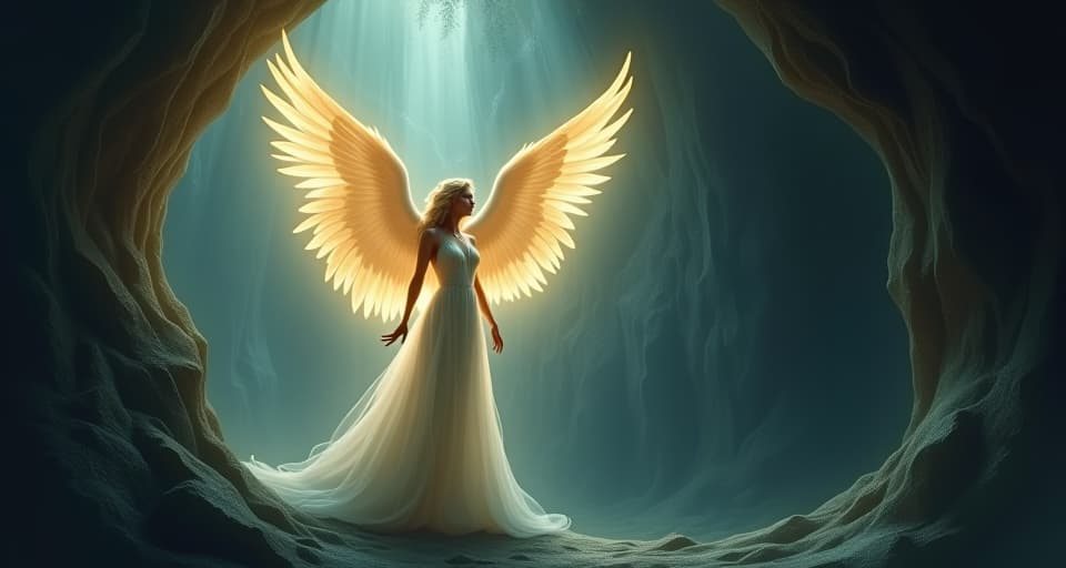  ethereal angel, light from her wings casting soft glows into a dark, mysterious cavern. mood: enlightening, mystical.. the style is digital art illustration,highly detailed, whimsical,magical, dreamlike atmosphere, realism and fantasy blend, smooth, glossy textures,luminous quality, wonder and enchantment.