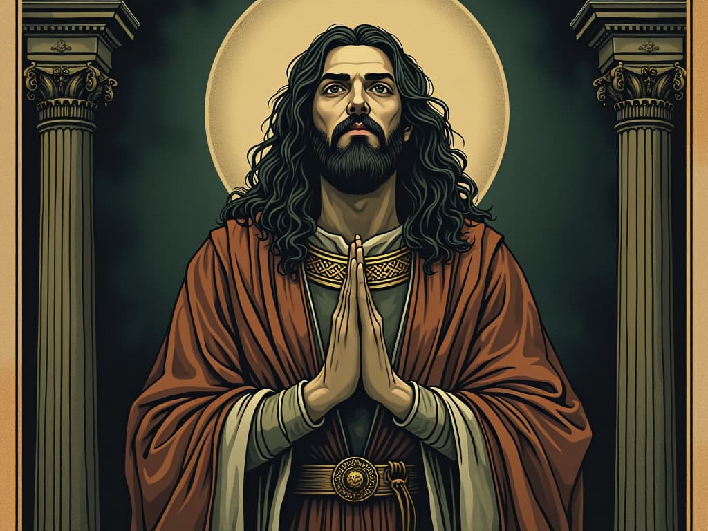  historical figure, daniel with a serene face, ancient robes, contemplative expression, ancient setting. an illustration in the style of a worn, mystical old tarot trump card, mysterious and elements of surrealism. the colors are muted, somber and eerie, but with contrast bring out an occult and esoteric vibe.