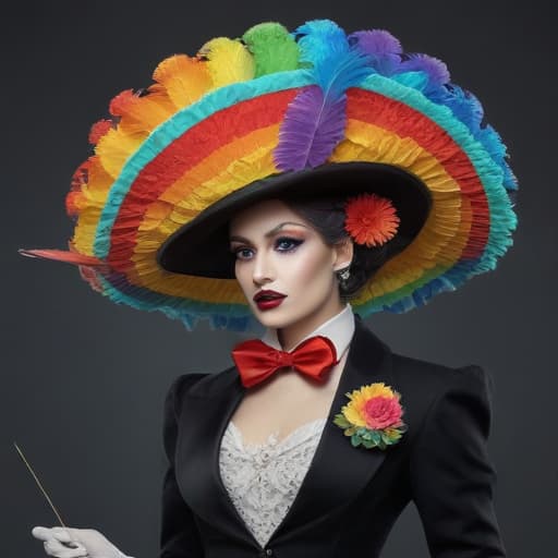 Rainbow drag queen cowboy top hat and headdress tuxedo with Elizabethan collar wand parasol, toucan ultra realistic, 3d, digital art, artstation, octane render, dynamic, high qualitydetailed, intricate, full of colour