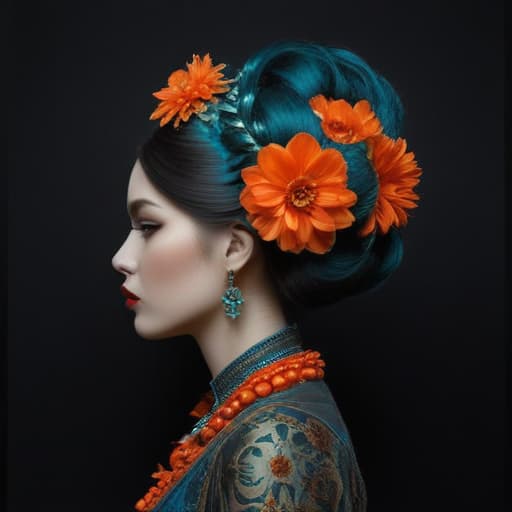 ' . In the image, we see an artistic portrayal of a female figure in profile view against a solid black background. The following details are noticeable: 1. Hair and Headpiece: The figure's hair is intricately styled and colored a vibrant shade of turquoise. The hair is adorned with a complex arrangement of orange flowers and whimsical, curling ornaments that extend upward and outward, giving a dynamic and ornate appearance. 2. Makeup: She's wearing dramatic makeup with white foundation that gives a porcelain effect. We can see red lipstick, and red accents are applied around the eyes. The brows are arched and precisely defined. Her cheekbones are highlighted, giving her face a sculpted look. There appear to be decorative designs, perhaps