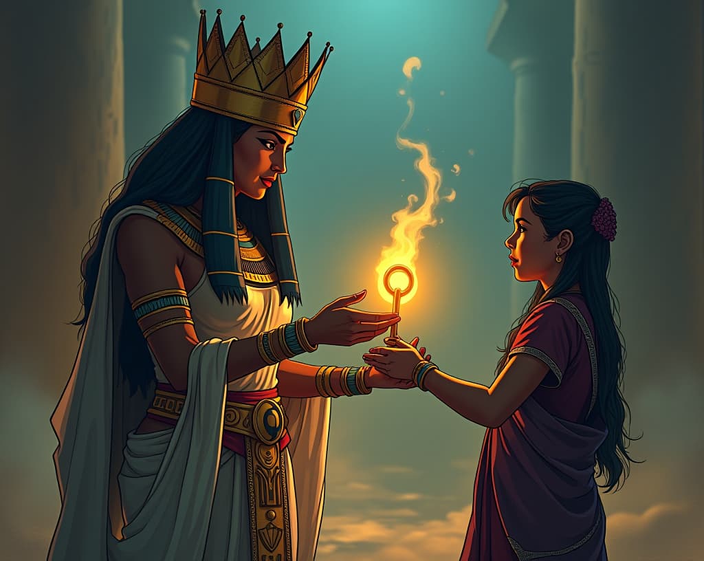  a comic book style draw of an ancient goddess offering a glowing ankh to a person, sense of audacity and reward, atmosphere of being unapologetically oneself. the style is digital art illustration / modern comic book / mysterious occult, symbolic, esoteric vibe,high detail on character design, incorporating ancient egyptian symbology and attire. hyperrealistic, full body, detailed clothing, highly detailed, cinematic lighting, stunningly beautiful, intricate, sharp focus, f/1. 8, 85mm, (centered image composition), (professionally color graded), ((bright soft diffused light)), volumetric fog, trending on instagram, trending on tumblr, HDR 4K, 8K