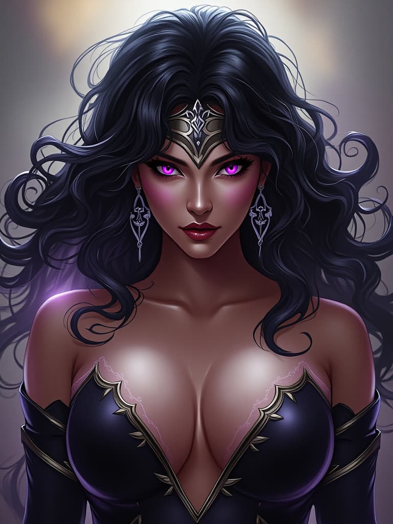  woman, powerful, dark hair, glowing purple eyes, large chest,