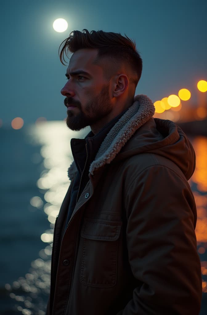  un hombre colorado con barba y pelo corto iluminado con una luz de luna en un paseo maritimo. foto realista o ilu hyperrealistic, full body, detailed clothing, highly detailed, cinematic lighting, stunningly beautiful, intricate, sharp focus, f/1. 8, 85mm, (centered image composition), (professionally color graded), ((bright soft diffused light)), volumetric fog, trending on instagram, trending on tumblr, HDR 4K, 8K