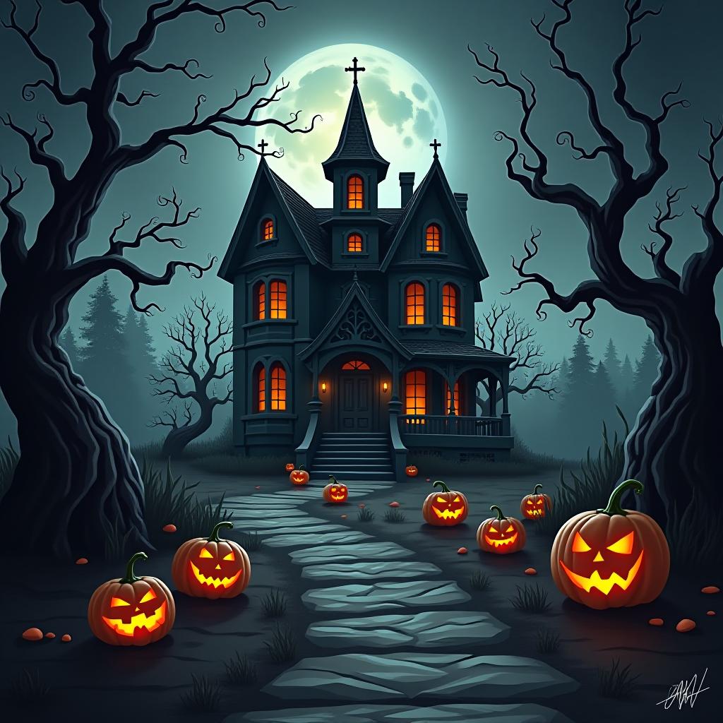  create a seamless digital painting of a spooky, halloween themed scene featuring a haunted house with gothic architecture. the house should be surrounded by twisted, gnarled trees and a multitude of jack o' lanterns. the scene should include a dark, cloudy sky to enhance the eerie atmosphere. the overall style should be detailed and atmospheric, capturing the essence of a haunted, creepy environment perfect for halloween, ensuring the design is seamless for use in repeating patterns or wraps.