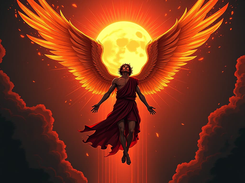  icarus in red tunic, wings aflame, falling from the sky, sun blazing overhead, tragic grandeur. the style is digital art illustration / modern comic book / graphic dark novel fantasy and mysterious occult, symbolic, moody lighting, esoteric vibe,high detail on character design. for the color scheme emphasize blacks and reds.